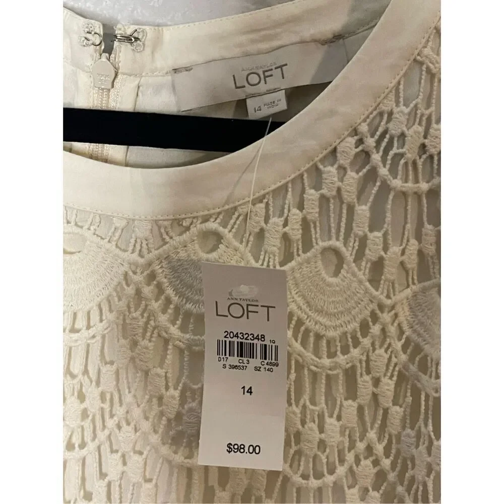 NWT Ann Taylor Loft Cream Crochet Lined Sleeveless Shift Dress Women’s Size 14 - Picture 2 of 5